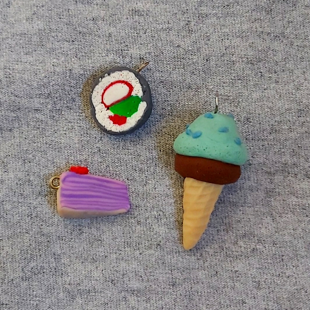 Cool Food necklace charms. Sushi ice cream and pie